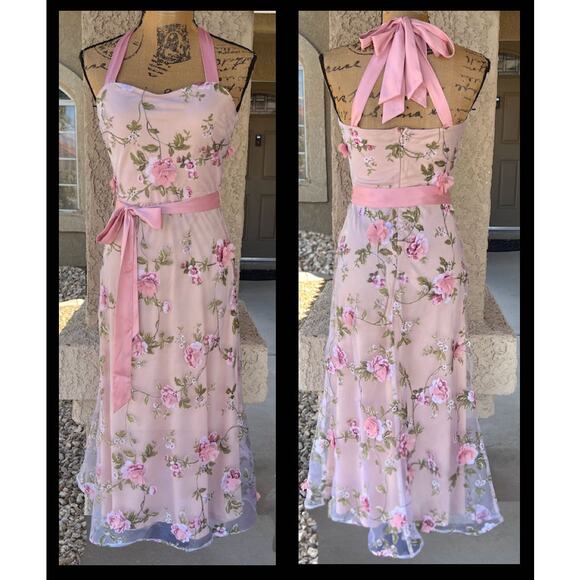 Lulus Pink Floral Applique Tie-Strap Midi Authentic Sweetness Dress Size S - Picture 6 of 12
